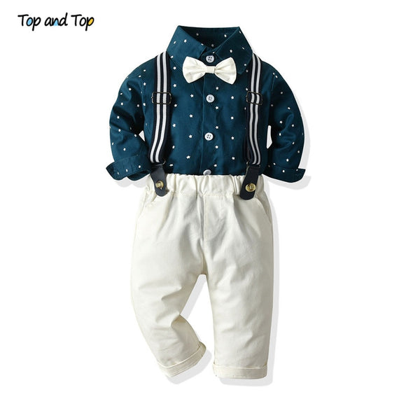 Top and Top Toddler Boy Clothing Sets Long Sleeve Stars Print Bowtie Shirt+Suspender Pants Casual Outfits Tuxedo Gentleman Suit