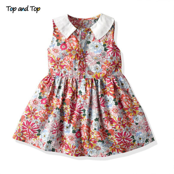 Top and Top Summer Fashion Children Casual Dresses Kids Girl Sleeveless Flower Print Formal Dress Little Girls Princess Dresses
