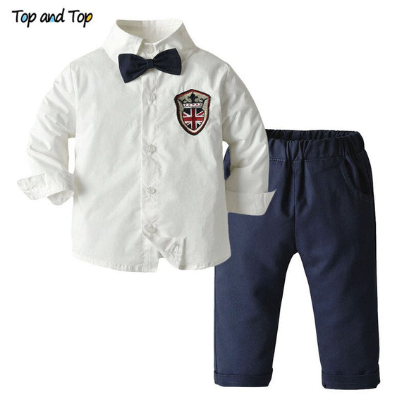 Top and Top Fashion Kid Boys Gentleman Outfits Long Sleeve White Bowtie Shirt Tops+Trousers Formal 2Pcs Suit for Wedding Party