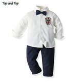 Top and Top Fashion Kid Boys Gentleman Outfits Long Sleeve White Bowtie Shirt Tops+Trousers Formal 2Pcs Suit for Wedding Party